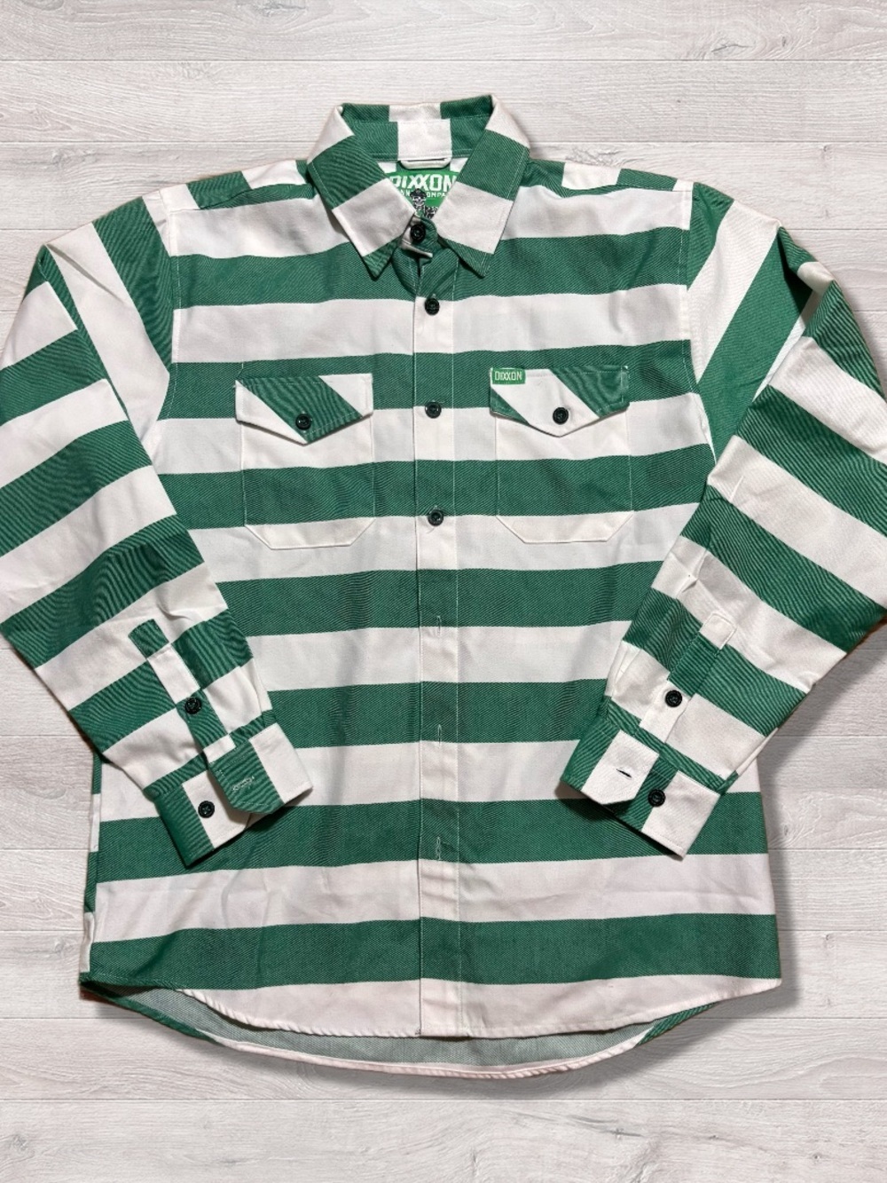 Dixxon Flannel Co The Rebel Green White Striped Button Down Shirt Large